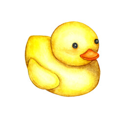 Watercolor illustration of a small yellow carved duck. Inflatable rubber duck. Clip art for fabric textile baby clothes, wallpapers, wrapping paper, packaging, design cards isolated