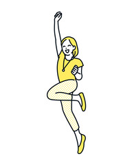 若い女性がはつらつとガッツポーズしながらジャンプしているイラスト素材。