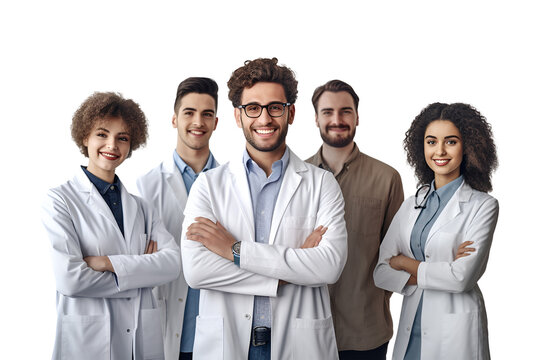 Multi Ethnic group of scientists doctors team smiling with arms crossed standing together successful idea concept, isolated on white transparent background, ai generate