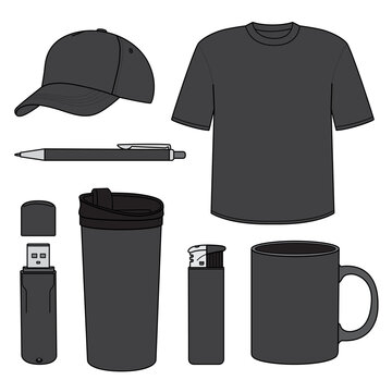 outline template shirt, cap, mug, a pen, thermos mug, lighter, flash drive usb, souvenir products on a transparent isolated png