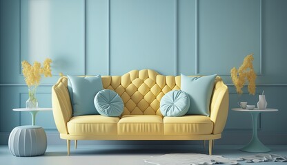 modern yellow sofa in light blue living room minimal by ai generative