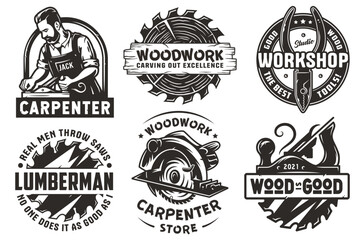 Set of logos for carpentry or wood carving or sawing. Collection of designs for woodworker, carpenter, joiner, timber, lumberjack and craftsman for workshop, woodworking, sawmill and woodwork
