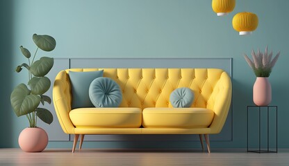 modern yellow sofa in light blue living room minimal by ai generative