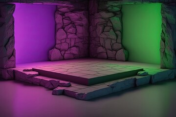 3d stone stage podium in green and purple light color by ai generative