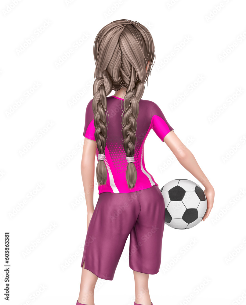 Wall mural soccer girl is ready to play football with the ball under her arms in white background rear view