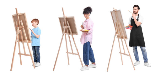 Collage with photos of painters near easels on white background