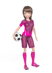 soccer girl is smiling and ready to play football with the ball under her arms in white background