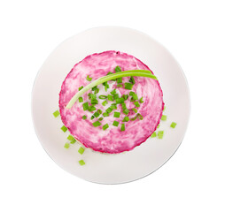 Herring under fur coat salad isolated on white, top view. Traditional Russian dish