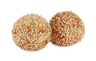 Two delicious sesame balls on white background