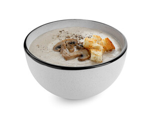 Delicious cream soup with mushrooms and croutons on white background