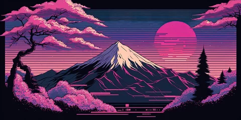 landscape fuji yama mountain japan in vapor wave synth background , ai generative © YuDwi Studio