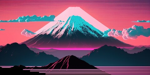 landscape fuji yama mountain japan in vapor wave synth background , ai generative