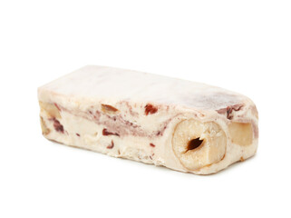 Piece of delicious nougat on white background