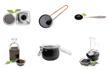 Collage with balsamic vinegar and glaze on white background