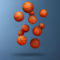 Many basketball balls falling on steel blue gradient background