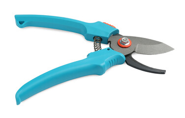 Secateurs with light blue handles isolated on white. Gardening tool