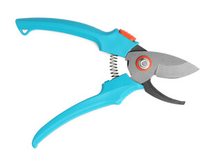 Secateurs with light blue handles isolated on white, top view. Gardening tool