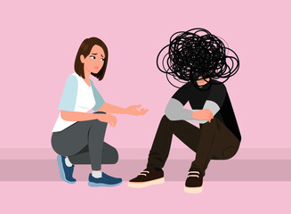 Empathy. Woman talking to man on pink background, illustration. Scribbles instead of head symbolizing confusion, stress or other problems