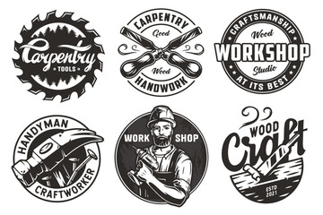 Obraz premium Wooden set of emblems or logos for carpentry or wood carving or sawing. Woody collection of designs for woodworker, carpenter, joiner, timber, lumberjack for workshop, woodworking, sawmill, woodwork