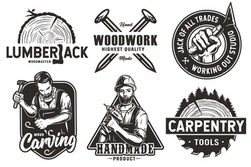 Set of logos for carpentry or wood carving or sawing. Collection of designs for woodworker, carpenter, joiner, timber, lumberjack and craftsman for workshop, woodworking, sawmill and woodwork - obrazy, fototapety, plakaty