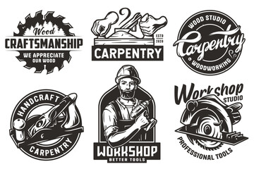 Wooden set of emblems or logos for carpentry or wood carving or sawing. Woody collection of designs for woodworker, carpenter, joiner, timber, lumberjack for workshop, woodworking, sawmill, woodwork - obrazy, fototapety, plakaty