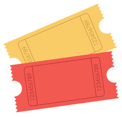 Vector illustration of ticket icon in flat style. Retro ticket isolated on a white background. Pair of yellow and red ticket icons.