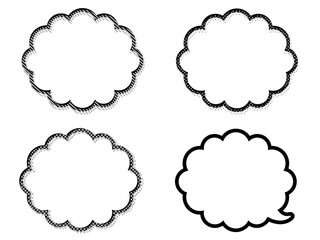 モノクロの雲形ふきだしセット、ドット柄、ストライプ、チェック柄
