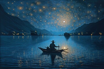 A Beautiful Night on Lac with a Man on a Boat