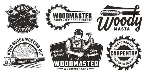 Set of logos for carpentry or wood carving or sawing. Collection of designs for woodworker, carpenter, joiner, timber, lumberjack and craftsman for workshop, woodworking, sawmill and woodwork - obrazy, fototapety, plakaty