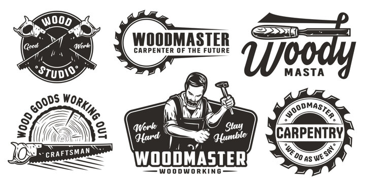 Set of logos for carpentry or wood carving or sawing. Collection of designs for woodworker, carpenter, joiner, timber, lumberjack and craftsman for workshop, woodworking, sawmill and woodwork