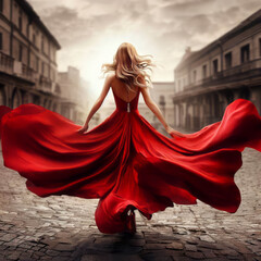 Stunning woman a beautiful red dress in an empty old town square, view from the back, generative AI illustration - obrazy, fototapety, plakaty