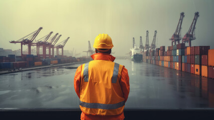 A port worker from behind with a safety vest and protective helmet looks into the harbor basin with containers.