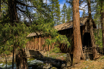 Old wooden Wawona Covered Bridge, Yosemite National Park, California