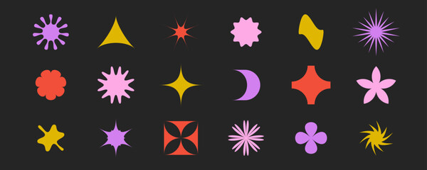 Abstract stars, flowers, sunbursts shapes collection. Primitive geometric forms set in Swiss, bauhaus or Memphis style. Brutalist elements pack for poster, banner, collage. Vector signs bundle. 