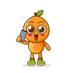 Orange fruit cartoon character holding a smartphone