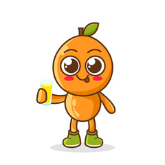 Orange Fruit Cartoon Mascot Character Presenting And Holding Up A Glass Of Juice. Cute Orange cartoon character holding a glass with juice.
