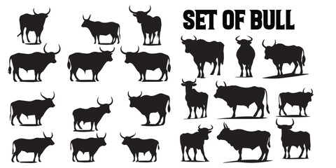 Obraz premium A set of cattle cows silhouette vector illustrations.