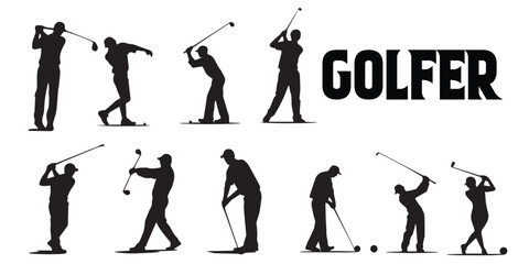 A black and white illustration of golf players' silhouette vector set.