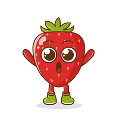 strawberry fruit raise your hands up. Illustration of a cute strawberry character who is pleased with both hands raised
