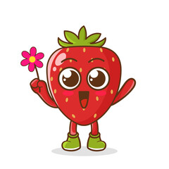 Cute cartoon strawberry fruit character holding flower