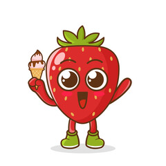 Cute Cartoon strawberry fruit character holding ice cream cone