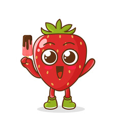 Cute smiling cartoon style strawberry fruit character holding in hand ice cream, popsicle.