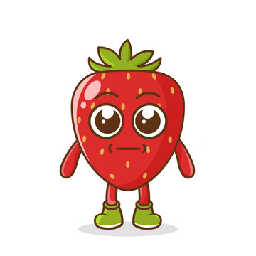 a picture of strawberry fruit with a flat expression. No words straight face strawberry fruit emoji. Vector flat design emoticon icon isolated on white background.