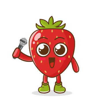 recommend clip art: Cute cartoon strawberry fruit singer character holding mic