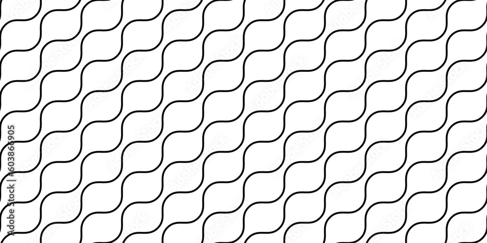 Poster Wavy lines seamless pattern. Undulate stripes repeating background. Black and white diagonal wave texture. Simple curved linear wallpaper. Textile and fabric design template. Vector