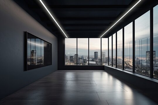Modern gallery interior with windows providing daylight and a city perspective, as well as an empty mockup space on a black wall installation. Concept for a museum or show. Generative AI