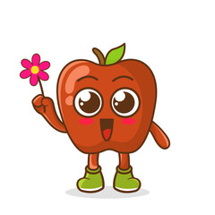 Cute cartoon apple fruit character holding flower