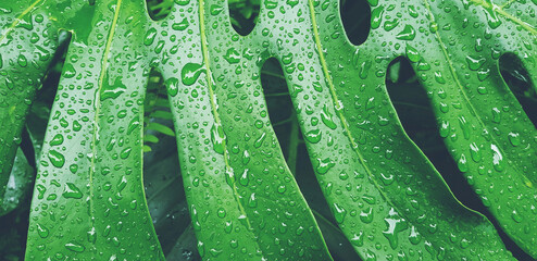 Close up water drop on tropical green leaf after raining day. Abstract art and Nature background. The scientific name of tree is Monstera deliciosa. Natural wallpaper and Fresh in vintage tone.