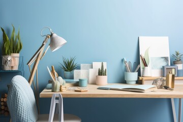 office supplies, a plant, papers, books, and a blue wall can be seen on the home desk. Generative AI