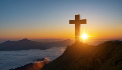 Silhouettes of Christian cross symbol on top mountain at sunrise sky background. Concept of Crucifixion Of Jesus Christ. - obrazy, fototapety, plakaty